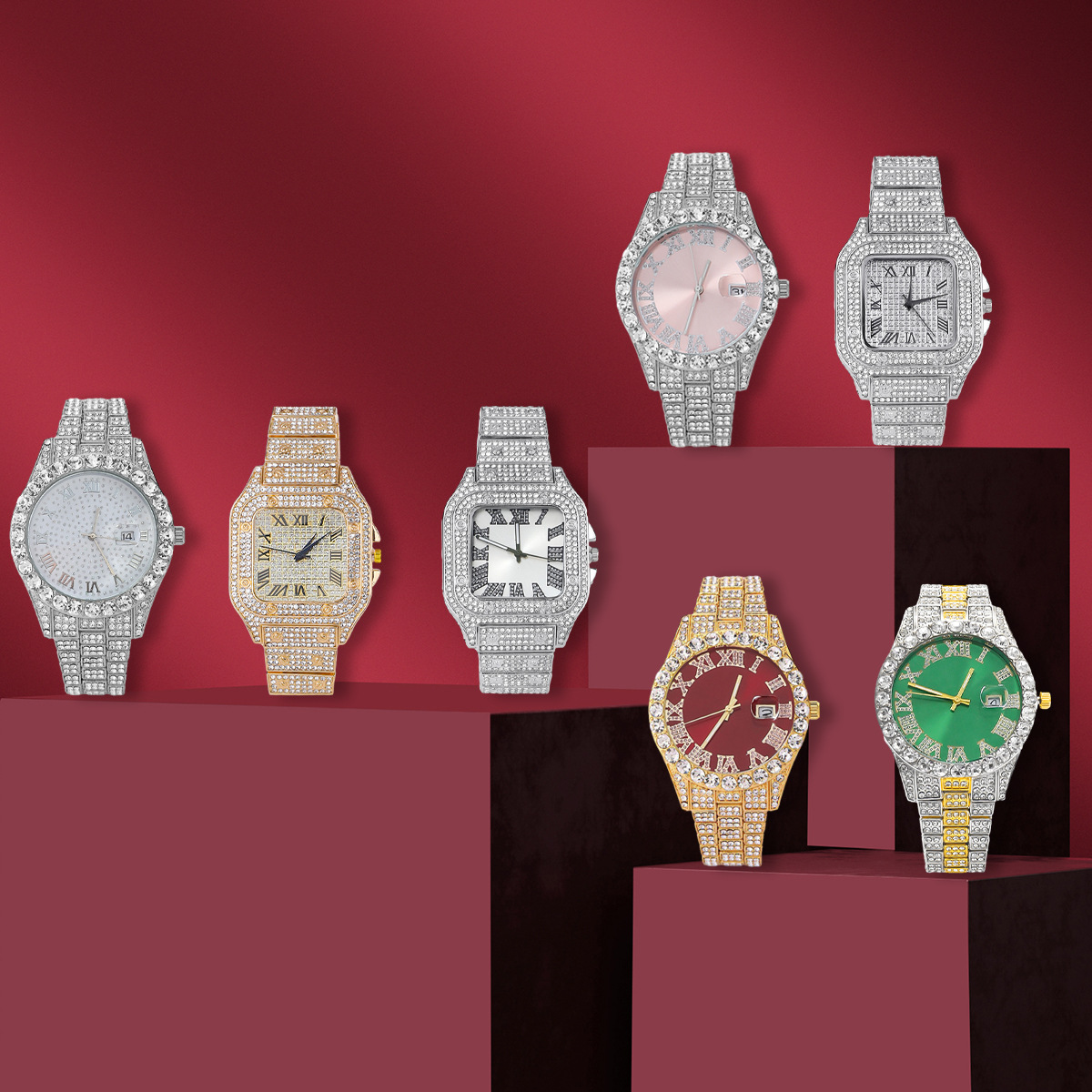 Men 7‑Pcs Watch Iced‑Out Rhine - Smartwatch Premium Watches For Men 评论和价格